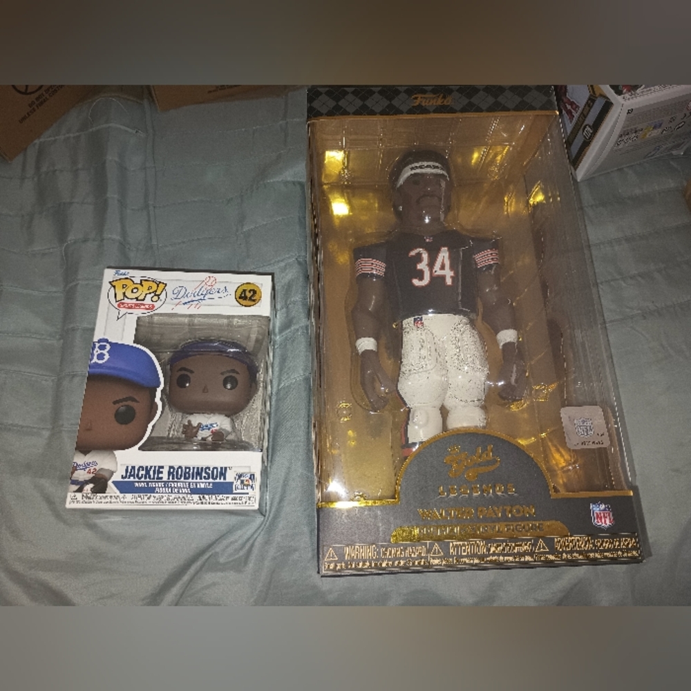 12 inch Walter Payton Funko Pop and 4 inch Jackie Robinson.